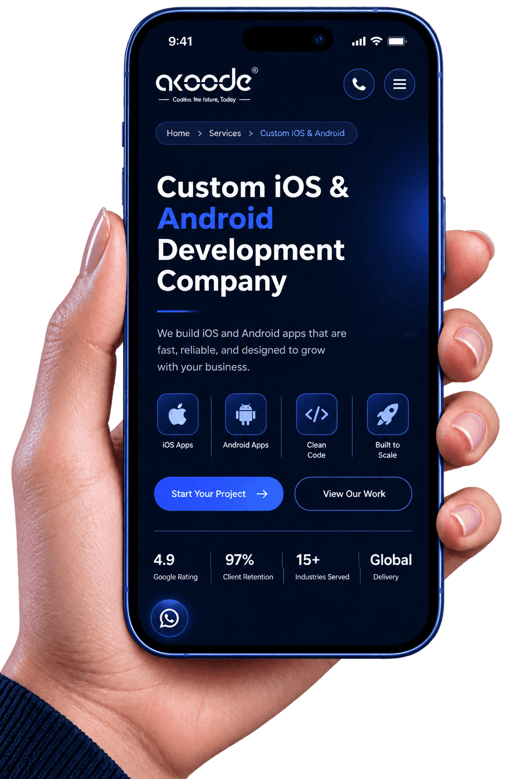 Mobile App Development Company Birmingham — Akoode mobile app development shown on a phone