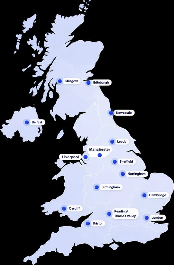 Map of the United Kingdom with pins marking the cities Akoode delivers from, including London, Manchester, Birmingham and Edinburgh
