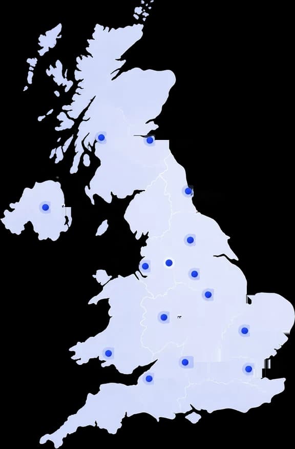 Map of the United Kingdom with pins marking the cities Akoode delivers from, including London, Manchester, Birmingham and Edinburgh